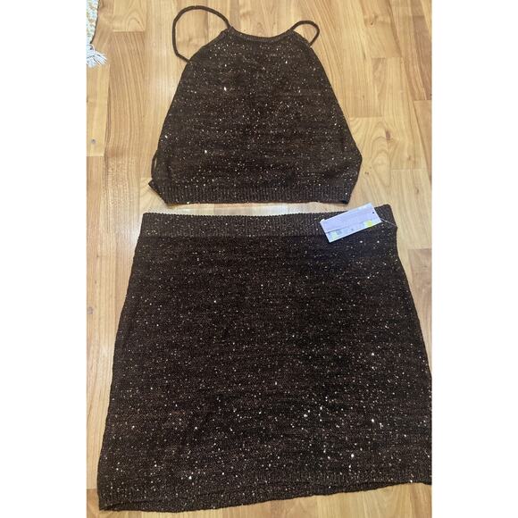 Wild Fable Sequin Set Sweater Mini Skirt & Halter - Brown Women's XXL NWT - Picture 5 of 9